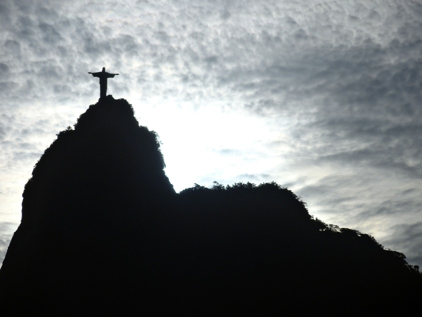 A black-and-white picture of the Christ the Redeemer statue overlooking Rio de Janeiro